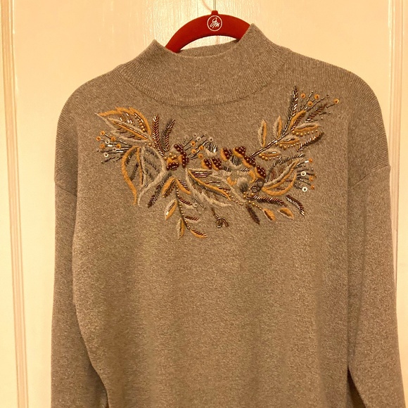 Hand-Beaded Gray/Tan Beautiful, Mock-neck, Long-sleeves, Soft Sweater - Picture 1 of 9